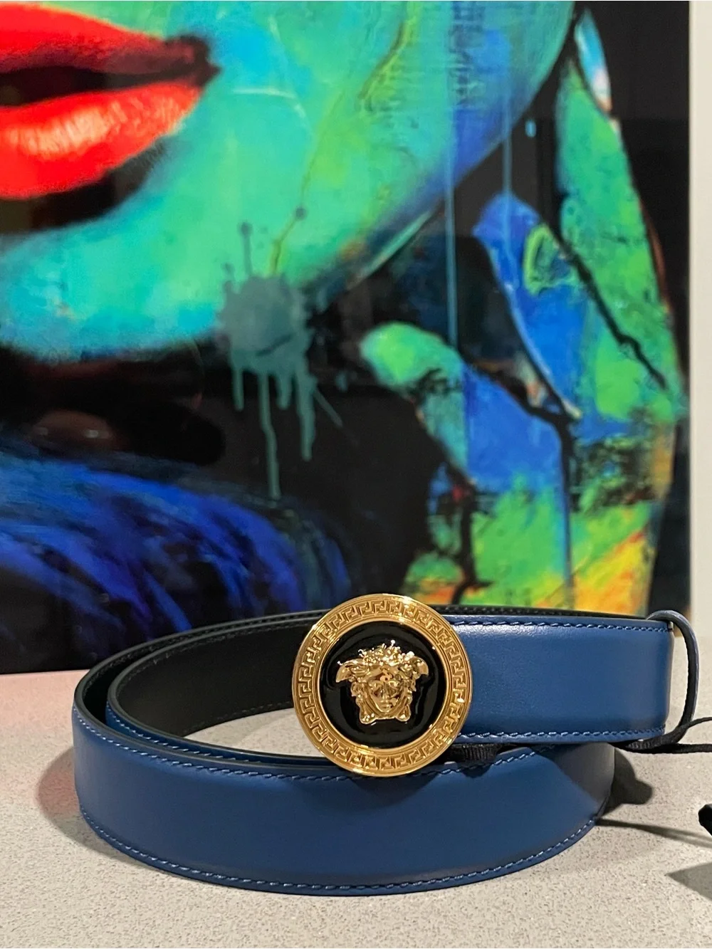 Versace Blue Leather Belt with Gold Medusa Buckle  SZ 110/44